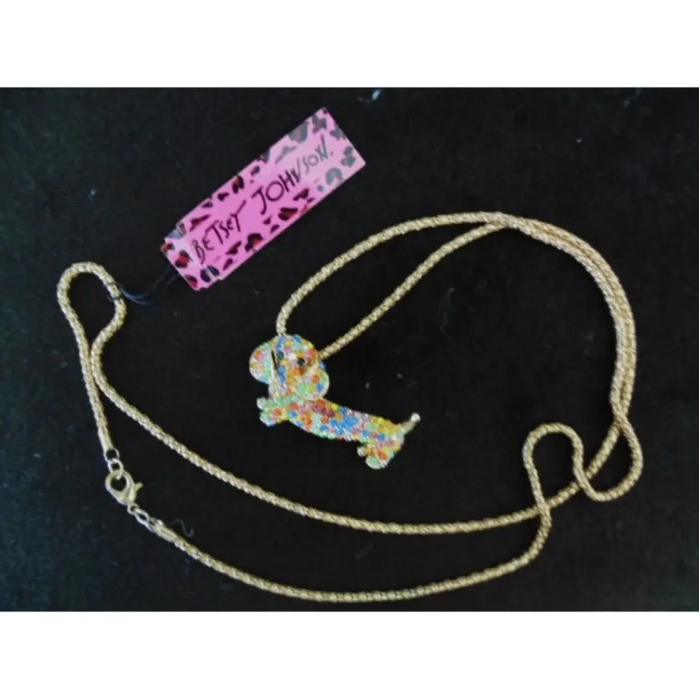 New Y2K Betsey Johnson Dachshund Pave Crystal Doxie Pendant Charm Necklace